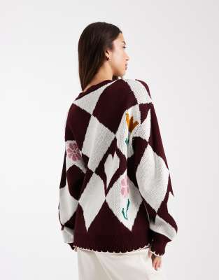 Miss Selfridge Diamond & Flower Crew Cardigan In Purple