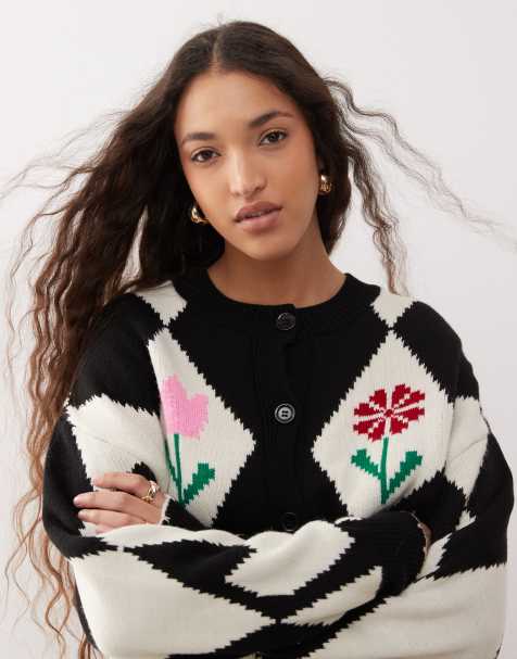Miss Selfridge diamond & flower crew cardigan - view 1