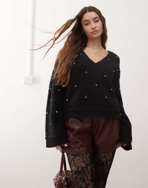 Miss Selfridge diamond pattern embellished wide sleeve sweater in black - view 1