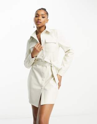 Miss Selfridge diamonte trim faux leather mini shirt dress in cream-Brown