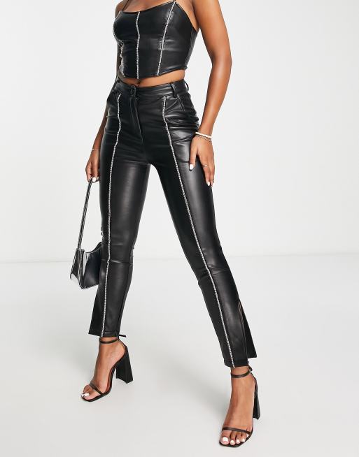 Miss Selfridge diamonte trim faux leather skinny pants in