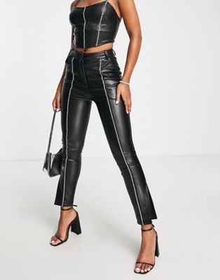 Miss Selfridge diamonte trim faux leather skinny trouser in black