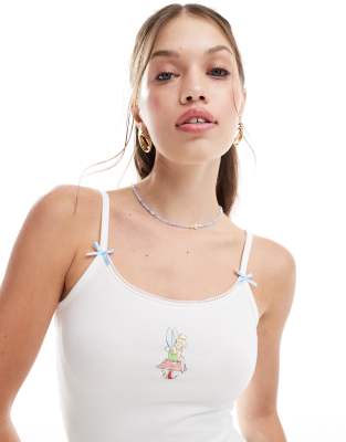 Miss Selfridge - Disney - Camisole-Oberteil in Weiß mit Tinkerbell-Motiv und Spitzenborte