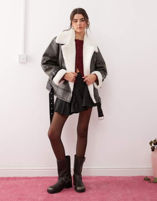 Miss Selfridge distressed faux leather contrast aviator jacket in black, 2 of 4