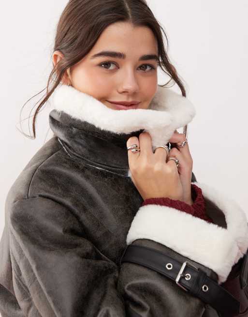 Miss Selfridge distressed faux leather contrast aviator jacket in black, 3 of 4