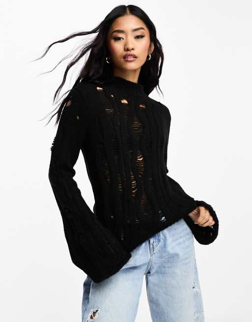 Miss Selfridge - Distressed gebreide punk trui in zwart