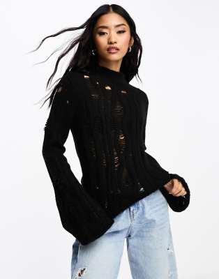 Miss Selfridge Distressed Punk Knit Sweater In Black-white