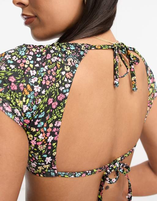 Miss Selfridge ditsy cup detail open back bikini top in multi