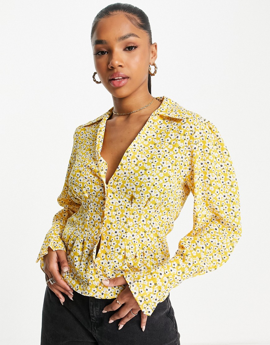 Miss Selfridge Ditsy Floral Print Button Shirt With Collar In Yellow-red