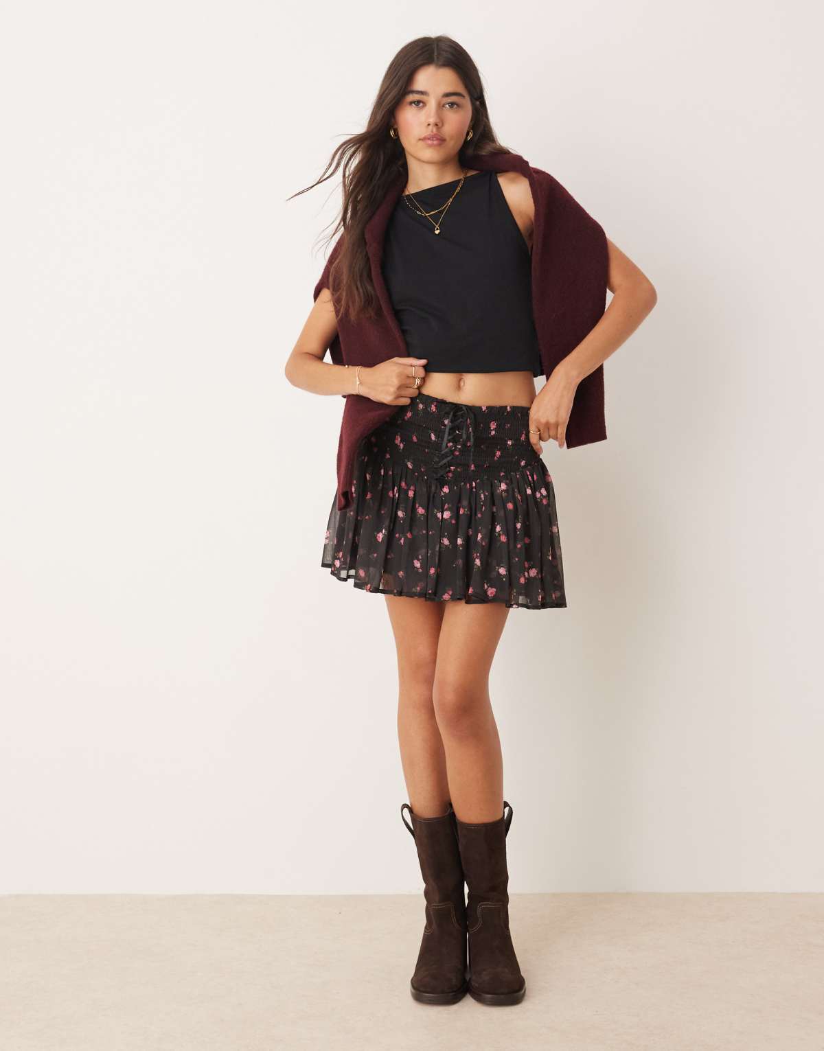 Miss Selfridge ditsy floral shirred waist mini skirt in black