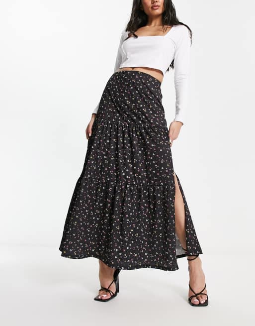 Miss Selfridge ditsy floral tiered maxi skirt with side split in black ...