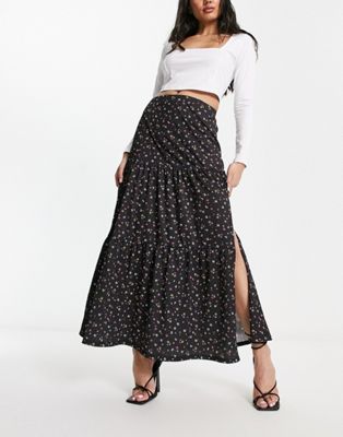 Miss Selfridge ditsy floral tiered maxi skirt with side split in black