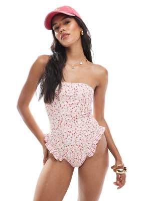 Miss Selfridge Ditsy Print With Contrast Spot Swimsuit With Frill-pink
