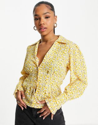 Miss Selfridge ditsy floral print button shirt with collar in yellow