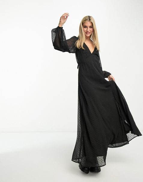 Miss Selfridge shirred cuff jersey smock dress in black ditsy print