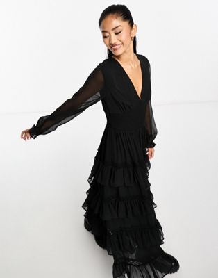Miss Selfridge dobby chiffon ruffle tiered maxi dress in black - ASOS Price Checker