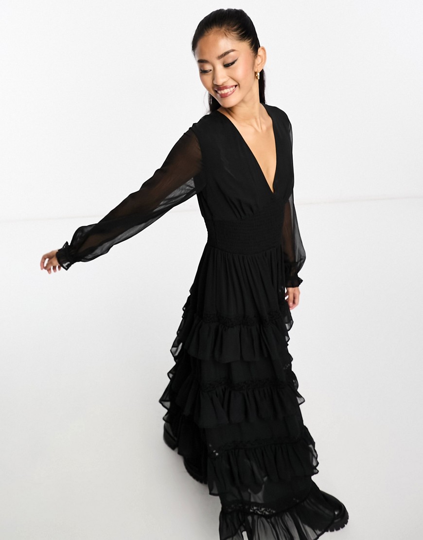 Miss Selfridge dobby chiffon ruffle tiered maxi dress in black