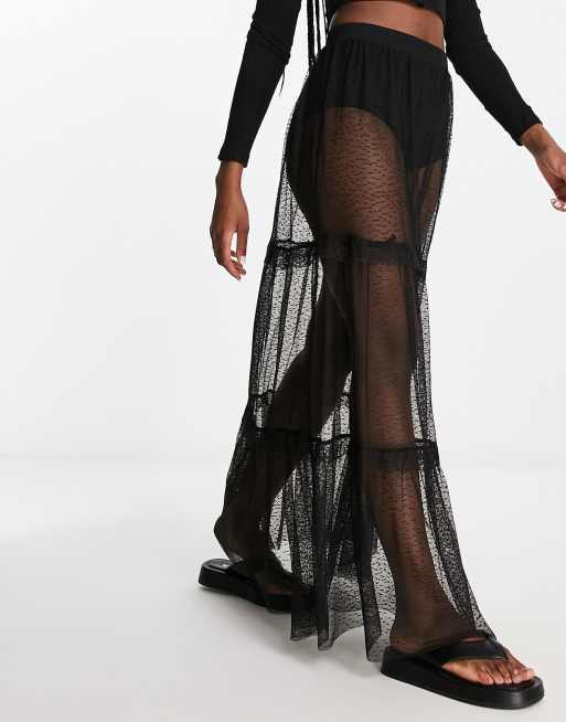 Topshop Petite lace and dobby sheer mesh maxi skirt in black, ASOS