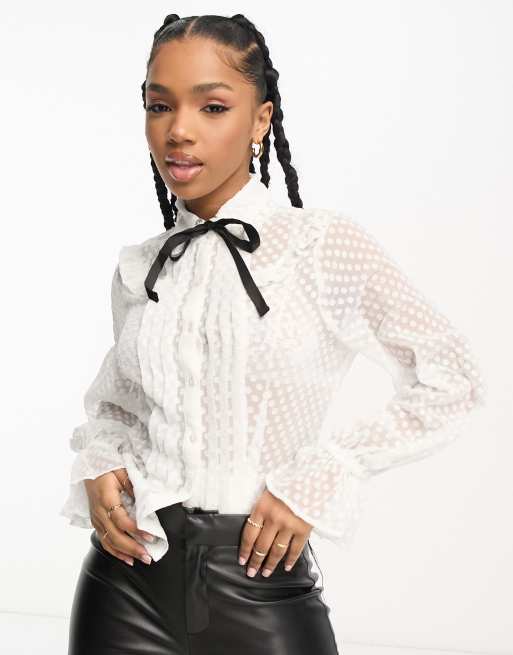 Miss Selfridge dobby tie neck collared shirt in ivory 