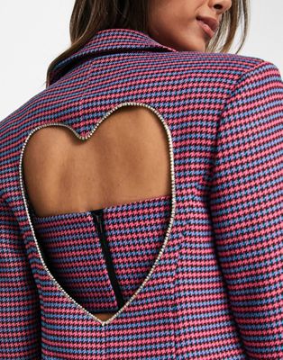 Miss Selfridge dogtooth blazer with cut out diamante heart back in pink and  blue check - part of a set