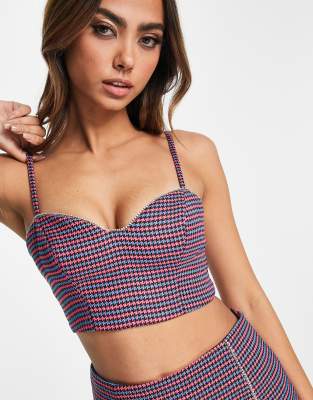 Miss Selfridge dogtooth diamante heart bust cup crop top co-ord in pink and blue-Multi