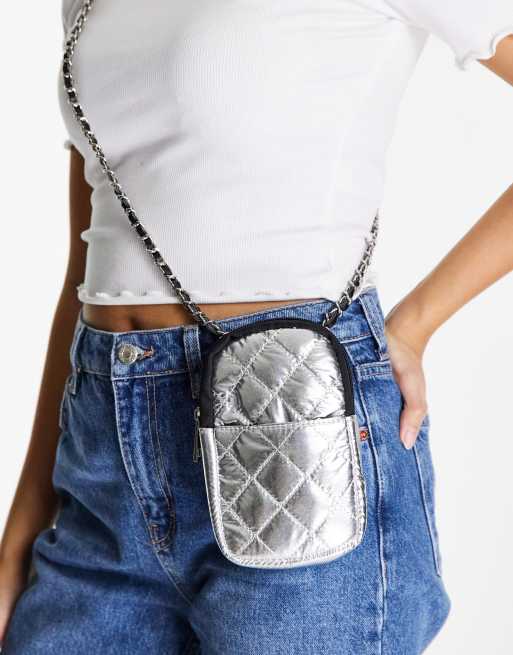 Miss Selfridge - Doorgestikte nylon telefoonhouder in zilver