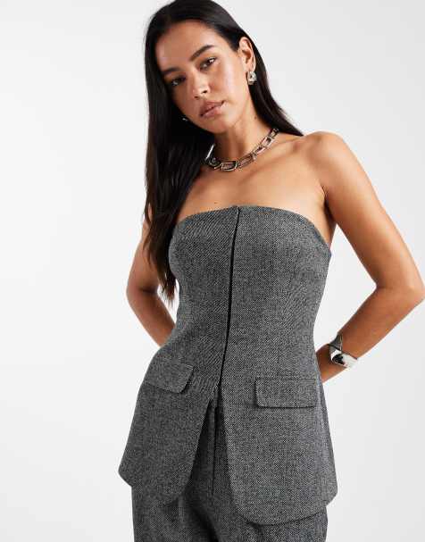 Miss Selfridge – Dopasowany top bandeau w kolorze soli z pieprzem, część zestawu - view 1