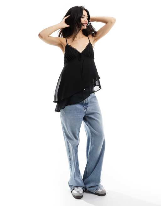 Miss Selfridge – Doppellagiges Camisole-Top aus Chiffon in Schwarz, 4 von 4