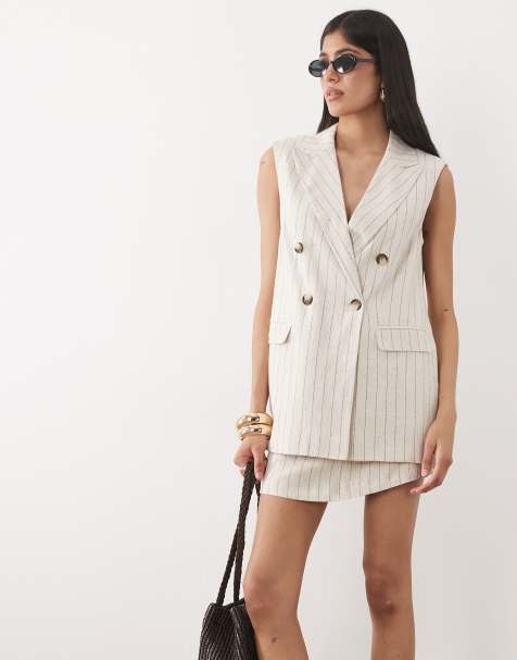 Miss Selfridge - Double breasted blazer met linnenlook en strepen in neutraal, deel van co-ord set - view 1