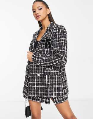 Miss Selfridge Double Breasted Military Blazer In Metallic Plaid - Part Of A Set-black