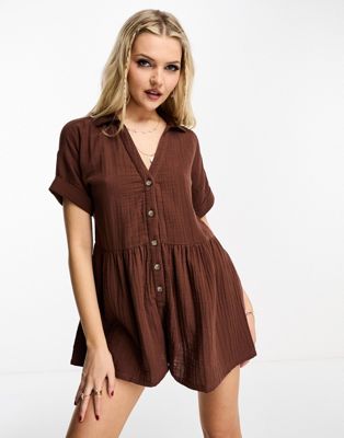 Miss Selfridge double cloth button through shirt playsuit in brown