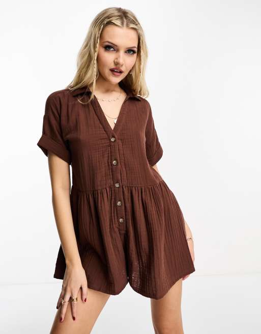 Miss Selfridge double cloth button through shirt playsuit in brown