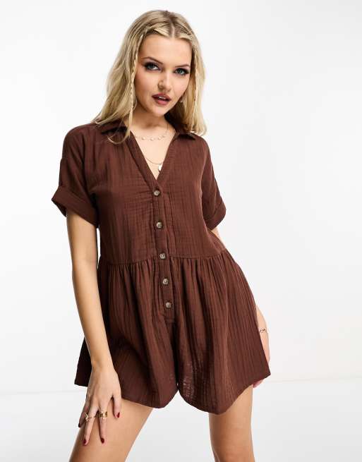 Miss Selfridge double cloth button through shirt romper in brown