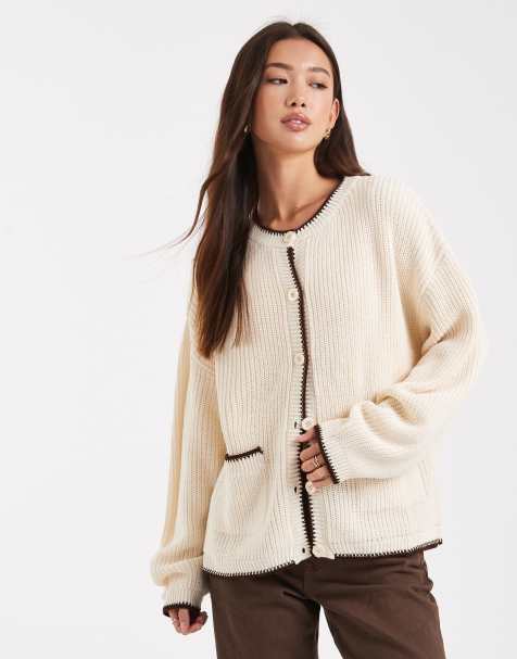 Miss Selfridge double pocket blanket stitch knit cardigan in buttermilk - view 1
