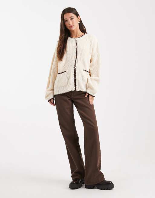Miss Selfridge double pocket blanket stitch knit cardigan in buttermilk, 2 of 4