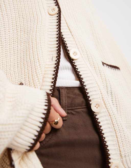 Miss Selfridge double pocket blanket stitch knit cardigan in buttermilk, 3 of 4