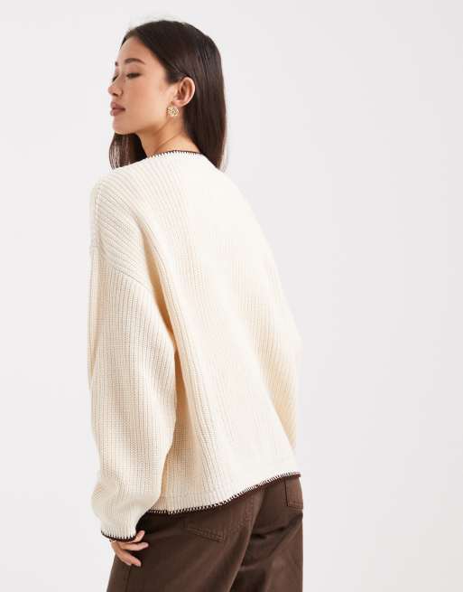 Miss Selfridge double pocket blanket stitch knit cardigan in buttermilk, 4 of 4
