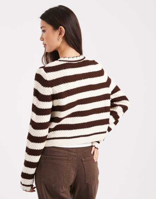Miss Selfridge double pocket stripe blanket stitch cardigan in buttermilk, 4 of 4