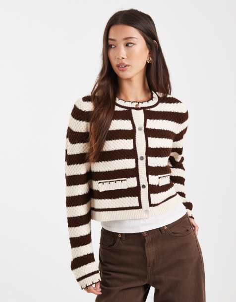 Miss Selfridge double pocket striped blanket stitch cardigan in buttermilk - view 1