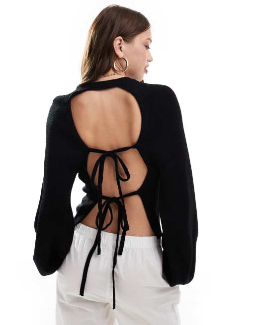 Miss Selfridge double tie back open back jumper in black