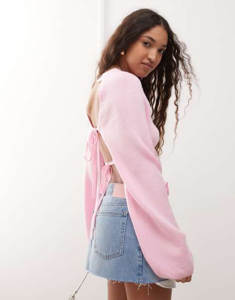 Miss Selfridge double tie back open back jumper in pink - view 1