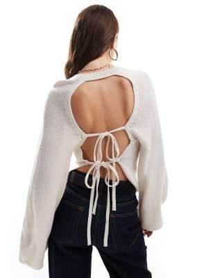 double tie back open back sweater in cream-White