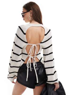 Miss Selfridge Double Tie Back Open Back Sweater In Stripe-multi