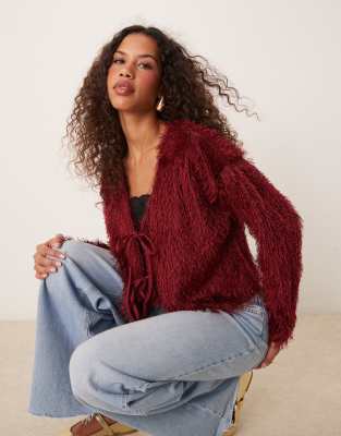 Miss Selfridge double tie front brushed kit cardigan in burgundy-Red