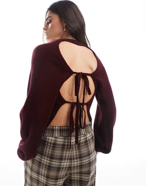 Miss Selfridge double tie open back jumper in burgundy - view 1
