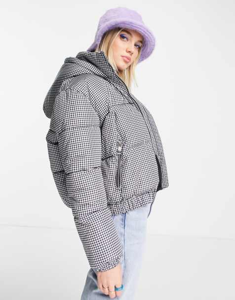 Miss Selfridge - Doudoune courte à capuche et carreaux - Noir et blanc - view 1