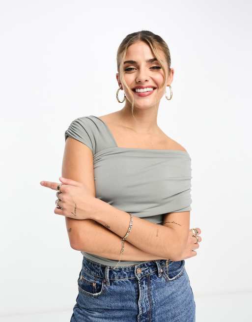 Miss Selfridge drape bardot top in gray