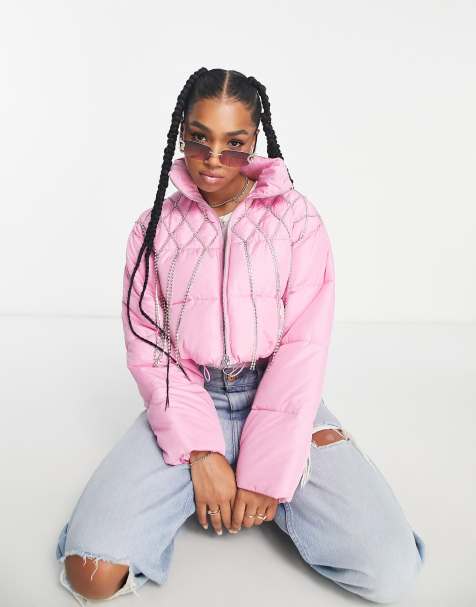 Miss Selfridge dripping diamante trim cropped puffer jacket in pink - view 1