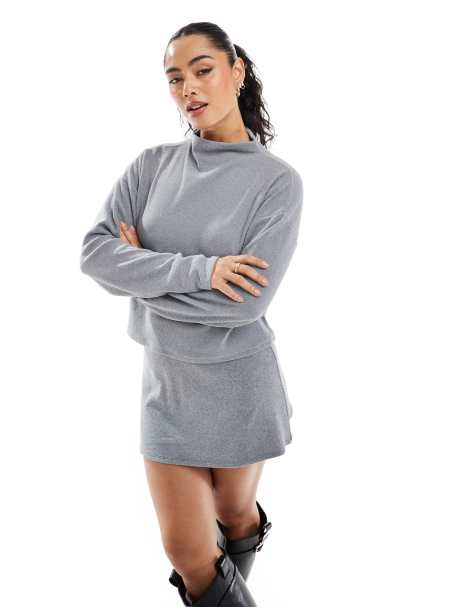 Miss Selfridge drop shoulder ribbed mock neck top in grey - view 1
