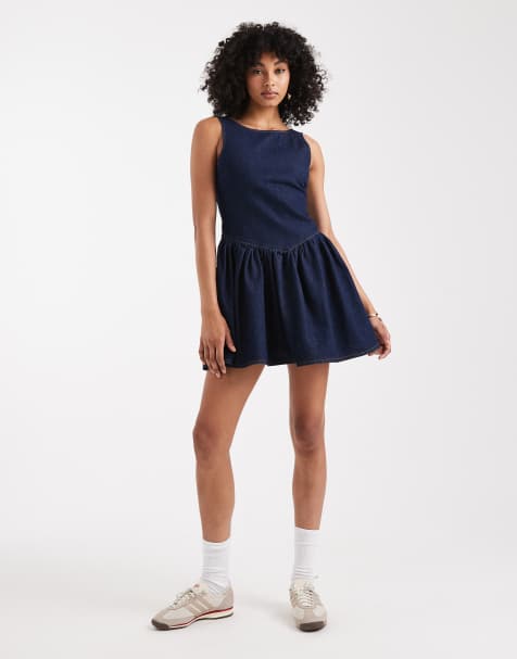 Miss Selfridge drop waist denim mini dress in blue wash - view 1